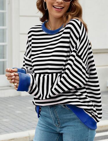 Ladyful Women's Striped Color Block Oversized Sweatshirt Crewneck Long Sleeve Pullover Tops in Saudi Arabia