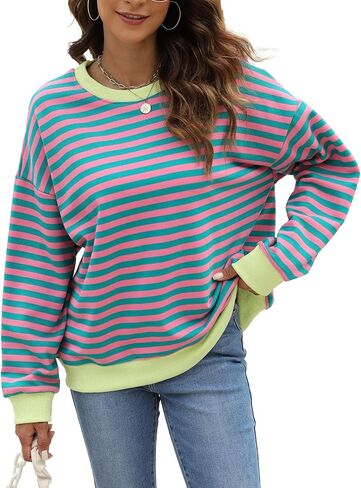 Ladyful Women's Striped Color Block Oversized Sweatshirt Crewneck Long Sleeve Pullover Tops in Saudi Arabia