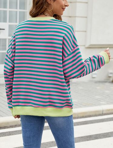 Ladyful Women's Striped Color Block Oversized Sweatshirt Crewneck Long Sleeve Pullover Tops in Saudi Arabia