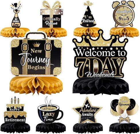 Retirement Party Decorations - 10PCS Black & Gold Retirement Honeycomb Centerpieces for Table, Retirement Table Decor Supplies for Men and Women in Kuwait