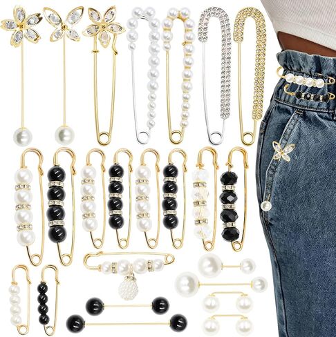 24 PCS Decorative Safety Pins for Waist Faux Pearl Rhinestone Clothing Pins Alloy Sewing Pins for Fastening Loose Clothes Dresses Scarves Bags in Saudi Arabia