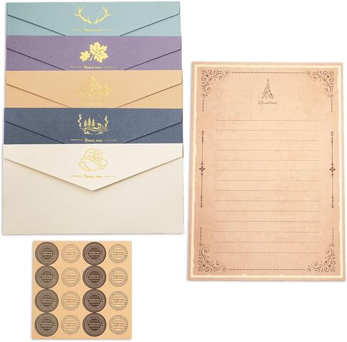 Premium Thickened Aesthetic Stationery Set 10 Envelopes (5 Styles × 2 Each), 20 Vintage Letter Papers, 32 Sealing Stickers, Elegant Gold Foil Design, for Romantic Letters (Rectangular envelope set) in Saudi Arabia