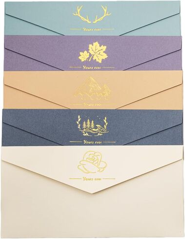 Premium Thickened Aesthetic Stationery Set 10 Envelopes (5 Styles × 2 Each), 20 Vintage Letter Papers, 32 Sealing Stickers, Elegant Gold Foil Design, for Romantic Letters (Rectangular envelope set) in Saudi Arabia