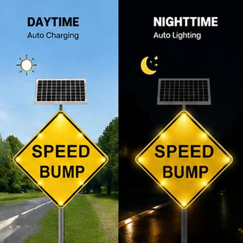 علامة عثرة السرعة LED الشمسية الوامضة، 18 بوصة × 18 بوصة MUTCD W17-1 علامة تحذير ماسية، مستشعر ضوء يعمل بالطاقة الشمسية LED حافة ضوء عاكس لحركة المرور في موقف السيارات الخاص (18 بوصة) in Kuwait
