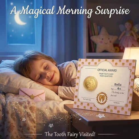 مجموعة الأسنان المفقودة للفتيات من Tooth Fairy - شهادة جائزة جنية الأسنان الخشبية وبطاقة مخطط الأسنان المفقودة (مجموعة مكونة من قطعتين) - تذكار للأسنان الأولى وهدية ذاكرة نمو الأطفال (وردي) in Kuwait