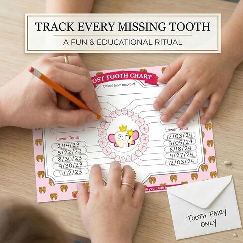 مجموعة الأسنان المفقودة للفتيات من Tooth Fairy - شهادة جائزة جنية الأسنان الخشبية وبطاقة مخطط الأسنان المفقودة (مجموعة مكونة من قطعتين) - تذكار للأسنان الأولى وهدية ذاكرة نمو الأطفال (وردي) in Kuwait