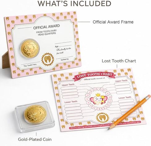 مجموعة الأسنان المفقودة للفتيات من Tooth Fairy - شهادة جائزة جنية الأسنان الخشبية وبطاقة مخطط الأسنان المفقودة (مجموعة مكونة من قطعتين) - تذكار للأسنان الأولى وهدية ذاكرة نمو الأطفال (وردي) in Kuwait