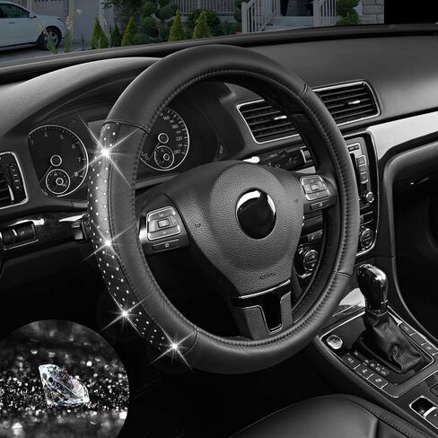 Road Comforts Bling Steering Wheel Cover for Women Girls, Sparkly Rhinestone Leather, Diamond Car Accessories, Anti-Slip Thick Soft Grip, Universal 14.5–15 Inch, for Her in Saudi Arabia