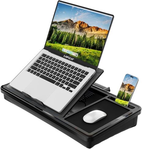 LAPGEAR Ergonomic Pro 2.0 Lap Desk with 9 Adjustable Heights, Built-in Mouse Pad & Phone Slot – Full Microbead Cushion, Storage Pocket – Fits Laptops up to 15.6" – Black – Style No. 49508 in Saudi Arabia