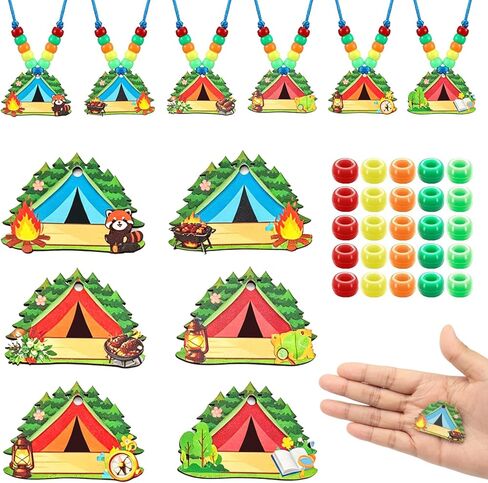 36 Sets Camping Beaded Necklace Craft Kits, Summer Camp Name Tag Jewelry Making DIY Set with Wooden Tent Charms & Colorful Beads, Nature Explorer Party Favors for VBS Supplies, Travel Activities in Saudi Arabia