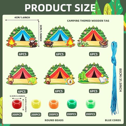 36 Sets Camping Beaded Necklace Craft Kits, Summer Camp Name Tag Jewelry Making DIY Set with Wooden Tent Charms & Colorful Beads, Nature Explorer Party Favors for VBS Supplies, Travel Activities in Saudi Arabia