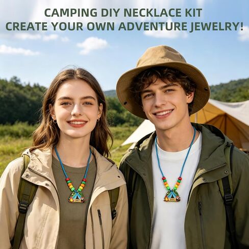 36 Sets Camping Beaded Necklace Craft Kits, Summer Camp Name Tag Jewelry Making DIY Set with Wooden Tent Charms & Colorful Beads, Nature Explorer Party Favors for VBS Supplies, Travel Activities in Saudi Arabia