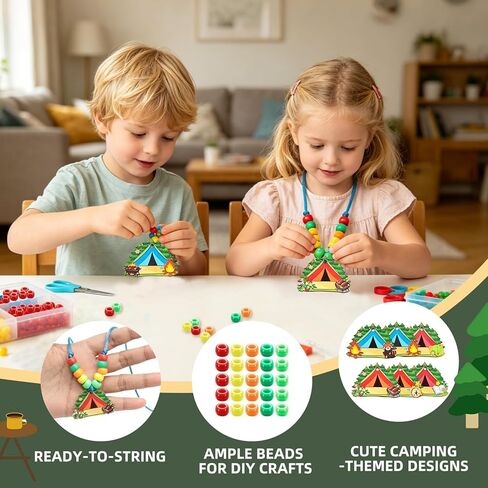 36 Sets Camping Beaded Necklace Craft Kits, Summer Camp Name Tag Jewelry Making DIY Set with Wooden Tent Charms & Colorful Beads, Nature Explorer Party Favors for VBS Supplies, Travel Activities in Saudi Arabia