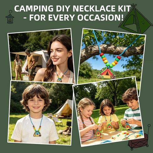 36 Sets Camping Beaded Necklace Craft Kits, Summer Camp Name Tag Jewelry Making DIY Set with Wooden Tent Charms & Colorful Beads, Nature Explorer Party Favors for VBS Supplies, Travel Activities in Saudi Arabia