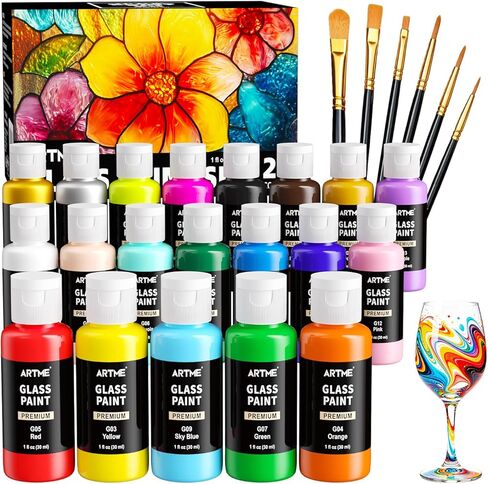 ARTME 20 Colors Stained Glass Paint Set with 6 Brushes, Waterproof Permanent Acrylic Ceramic & Glass Painting Kit for Beginners and Artists Painting on Wine Glasses Ceramic Window(30ml/1oz) in Saudi Arabia