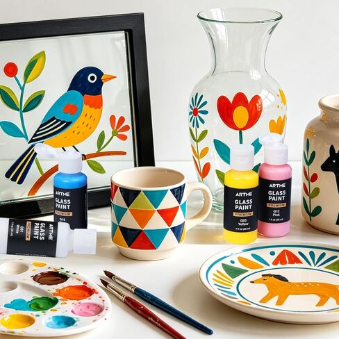 ARTME 20 Colors Stained Glass Paint Set with 6 Brushes, Waterproof Permanent Acrylic Ceramic & Glass Painting Kit for Beginners and Artists Painting on Wine Glasses Ceramic Window(30ml/1oz) in Saudi Arabia
