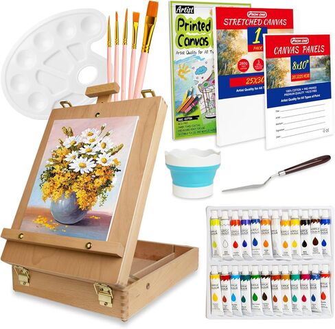 Portable Tabletop Easel Set for Beginners – 36-Piece Wooden Art Kit with 24 Acrylic Paints, Brushes, Stretched Canvas, DIY Pad & Storage Box – Non-Toxic, Travel-Friendly Painting Starter Kit in Saudi Arabia