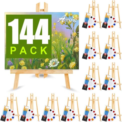 AROIC 96 PCS Painting Supplies Set with Easels, 8 PCS Wood Easels, 8 Packs of 80 Brushes with Nylon Brush Head and 8 PCS Palettes, Tabletop Wooden Art Easel for Kids & Adults Sip and Paint Party in Saudi Arabia