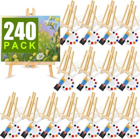 AROIC 96 PCS Painting Supplies Set with Easels, 8 PCS Wood Easels, 8 Packs of 80 Brushes with Nylon Brush Head and 8 PCS Palettes, Tabletop Wooden Art Easel for Kids & Adults Sip and Paint Party in Saudi Arabia