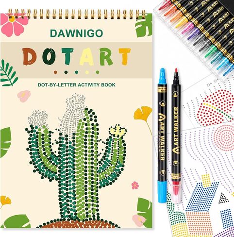 DAWNIGO Dot by Letter Coloring Book للبالغين مع 12 علامة أكريليك، كتاب أنشطة فنية منقطة، 30 صفحة للزهور والمناظر الطبيعية، كتاب تلوين للكبار لليقظة الذهنية للنساء، هدية إبداعية مريحة in Kuwait