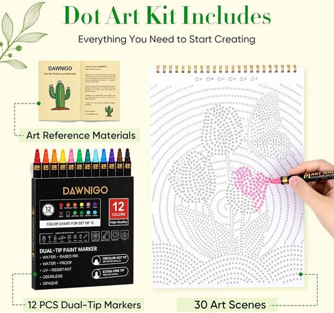 DAWNIGO Dot by Letter Coloring Book للبالغين مع 12 علامة أكريليك، كتاب أنشطة فنية منقطة، 30 صفحة للزهور والمناظر الطبيعية، كتاب تلوين للكبار لليقظة الذهنية للنساء، هدية إبداعية مريحة in Kuwait