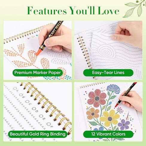 DAWNIGO Dot by Letter Coloring Book للبالغين مع 12 علامة أكريليك، كتاب أنشطة فنية منقطة، 30 صفحة للزهور والمناظر الطبيعية، كتاب تلوين للكبار لليقظة الذهنية للنساء، هدية إبداعية مريحة in Kuwait