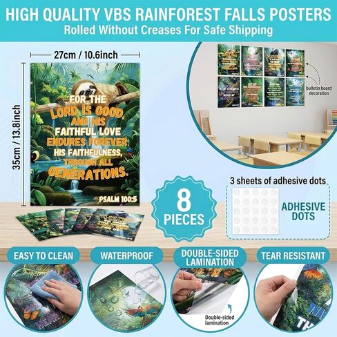 8PCS الغابات المطيرة شلالات VBS ملصقات عطلة الكتاب المقدس مدرسة المسيحية لوحة الإعلانات ديكورات مدرسة الأحد VBS الدينية تحفيزية الكتاب المقدس الآية ملصقات للكنيسة الفصول الدراسية ديكور جدار الباب المنزل in Kuwait