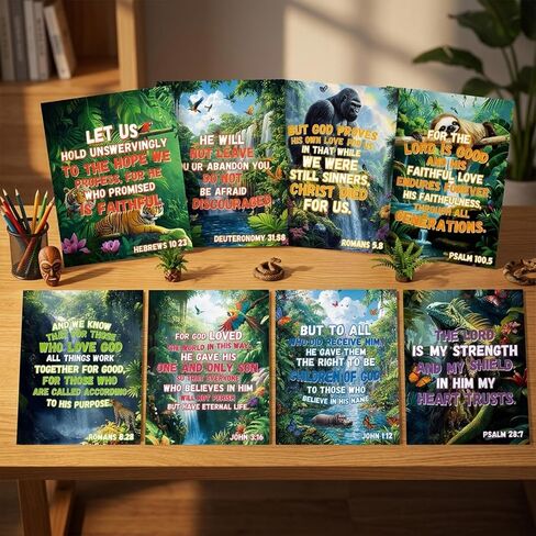8PCS الغابات المطيرة شلالات VBS ملصقات عطلة الكتاب المقدس مدرسة المسيحية لوحة الإعلانات ديكورات مدرسة الأحد VBS الدينية تحفيزية الكتاب المقدس الآية ملصقات للكنيسة الفصول الدراسية ديكور جدار الباب المنزل in Kuwait