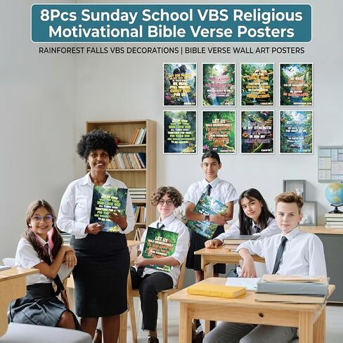 8PCS الغابات المطيرة شلالات VBS ملصقات عطلة الكتاب المقدس مدرسة المسيحية لوحة الإعلانات ديكورات مدرسة الأحد VBS الدينية تحفيزية الكتاب المقدس الآية ملصقات للكنيسة الفصول الدراسية ديكور جدار الباب المنزل in Kuwait