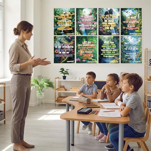 8PCS الغابات المطيرة شلالات VBS ملصقات عطلة الكتاب المقدس مدرسة المسيحية لوحة الإعلانات ديكورات مدرسة الأحد VBS الدينية تحفيزية الكتاب المقدس الآية ملصقات للكنيسة الفصول الدراسية ديكور جدار الباب المنزل in Kuwait