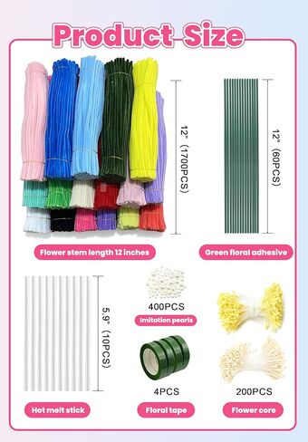 Gloruoia 1700pcs Pipe Cleaners Kit, 7mm Chenille Stems in 17 Colors, DIY Flower Bouquet Making for Crafts, Decorations, School Activities and Creative Projects in Saudi Arabia
