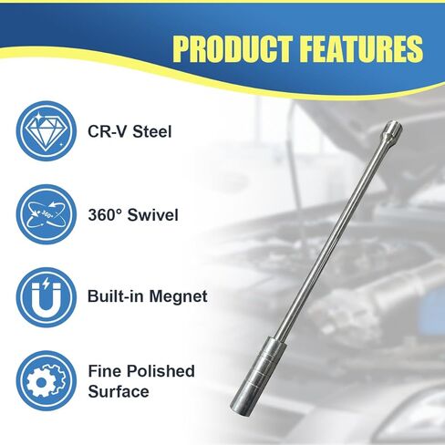 16mm 5/8" Car Spark Plug Socket, Magnetic Swivel Thin Wall 12-Point Spark Plug Removal Tool, 360° Rotatable Extended Long Rod Vehicle 3/8" Drive Socket for Most Cars (Silver) in Saudi Arabia