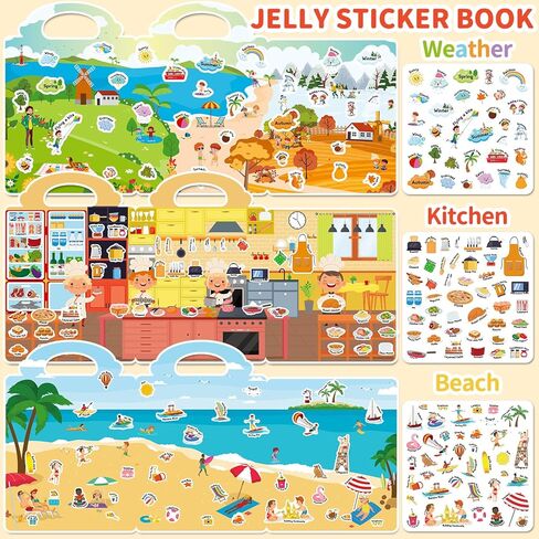6 Sets Reusable Sticker Book for Toddlers 3-6, Jelly Sticker Books for Toddler, Travel Sticker Activity Toys for Kids 3 4 5 6 Years Old Girls & Boys in Saudi Arabia