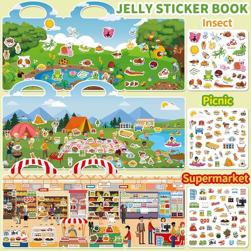 6 Sets Reusable Sticker Book for Toddlers 3-6, Jelly Sticker Books for Toddler, Travel Sticker Activity Toys for Kids 3 4 5 6 Years Old Girls & Boys in Saudi Arabia