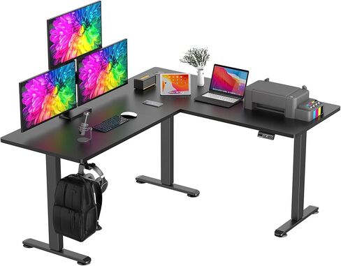 Farexon مكتب قائم على شكل حرف L مقاس 63 × 55 بوصة، مكتب كهربائي قابل للتعديل بارتفاع قابل للتعديل، مكتب زاوية للجلوس مع لوحة ماوس مقاس 39 × 18 بوصة، خطاف، محطة عمل كمبيوتر للألعاب في المكتب المنزلي، رمادي بلوط in Kuwait