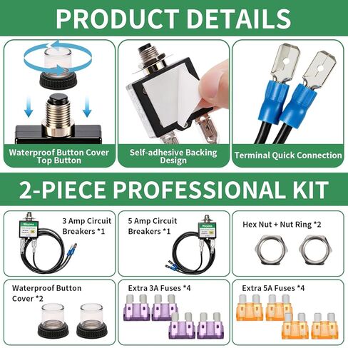 Wayona 2-Pack 3 Amp & 5 Amp Resettable Fuse Popper HVAC Kit with Extra Fuses, Self-Adhesive Backing & Waterproof Caps, UL Listed Circuit Tester for Circuit Breaker 24V AC/DC & 125/250V AC, Fuse Saver in Saudi Arabia