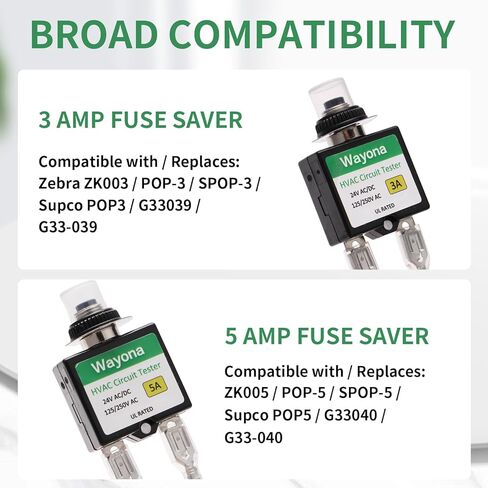 Wayona 2-Pack 3 Amp & 5 Amp Resettable Fuse Popper HVAC Kit with Extra Fuses, Self-Adhesive Backing & Waterproof Caps, UL Listed Circuit Tester for Circuit Breaker 24V AC/DC & 125/250V AC, Fuse Saver in Saudi Arabia