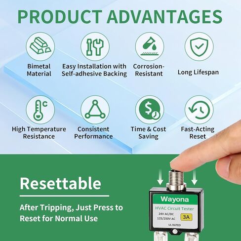 Wayona 2-Pack 3 Amp & 5 Amp Resettable Fuse Popper HVAC Kit with Extra Fuses, Self-Adhesive Backing & Waterproof Caps, UL Listed Circuit Tester for Circuit Breaker 24V AC/DC & 125/250V AC, Fuse Saver in Saudi Arabia