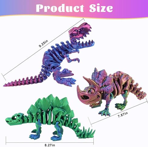 3-Piece Set 3D Printed Movable Dinosaur Toy Figures with Flexible Joints, Tyrannosaurus Rex, Stegosaurus, and Triceratops, Suitable as Gift, Toy and Desktop Decoration for Kids and Adults in Saudi Arabia