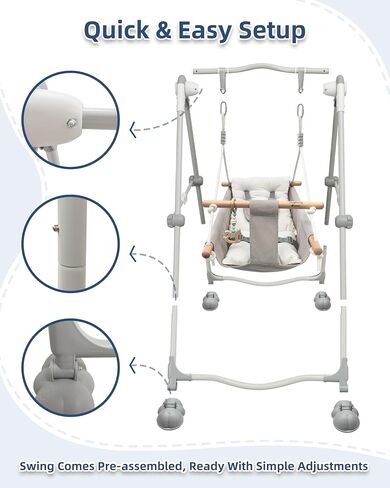 مجموعة أرجوحة للأطفال مع حامل للرضع، أرجوحة أرجوحة داخلية للأطفال الصغار مع حزام أمان 5 نقاط، إطار معدني قابل للطي، لعبة خشبية معكرون، رمادي وأبيض in Kuwait