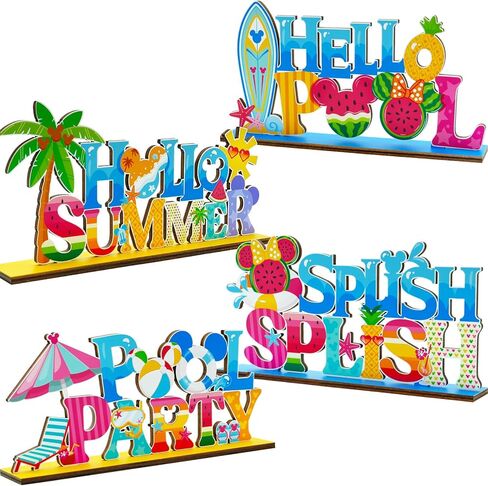 4pcs Pool Party Decorations Wood Centerpieces Hot Hello Summer Party Decorations Beach Volleyball Watermelon Pattern Splish Splash Birthday Table Centerpieces in Saudi Arabia