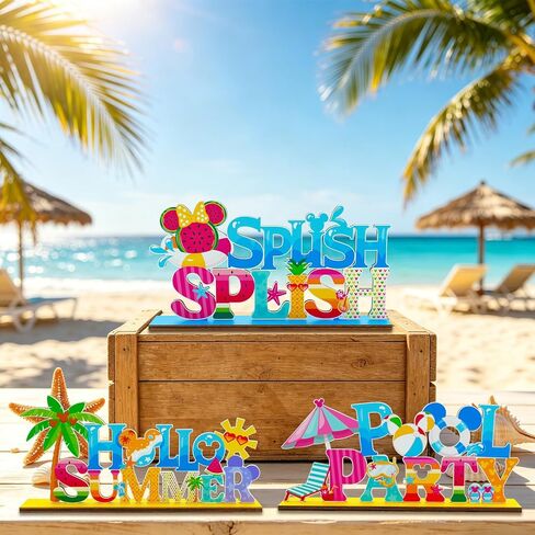 4pcs Pool Party Decorations Wood Centerpieces Hot Hello Summer Party Decorations Beach Volleyball Watermelon Pattern Splish Splash Birthday Table Centerpieces in Saudi Arabia