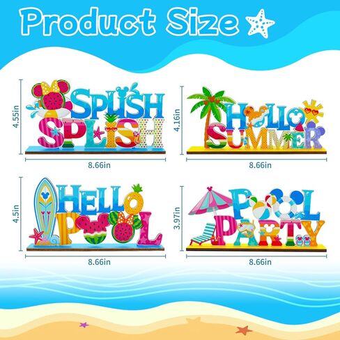 4pcs Pool Party Decorations Wood Centerpieces Hot Hello Summer Party Decorations Beach Volleyball Watermelon Pattern Splish Splash Birthday Table Centerpieces in Saudi Arabia
