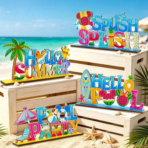 4pcs Pool Party Decorations Wood Centerpieces Hot Hello Summer Party Decorations Beach Volleyball Watermelon Pattern Splish Splash Birthday Table Centerpieces in Saudi Arabia