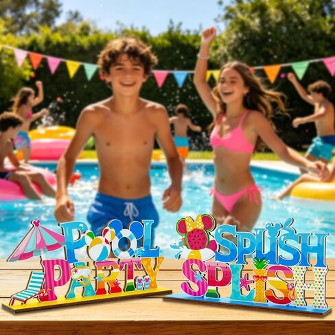 4pcs Pool Party Decorations Wood Centerpieces Hot Hello Summer Party Decorations Beach Volleyball Watermelon Pattern Splish Splash Birthday Table Centerpieces in Saudi Arabia