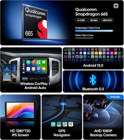 راديو ستيريو للسيارة 9 بوصة لسيارة Toyota Tacoma 2005-2015، شاشة لمس 8 Core Android 13 مع Apple CarPlay اللاسلكي، Android Auto، نظام تحديد المواقع العالمي (GPS)، واي فاي، بلوتوث، DSP، FM، SWC، كاميرا احتياطية 1080P (8G + 128G) in Kuwait