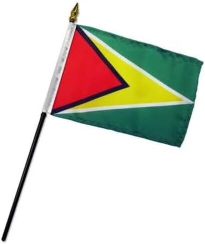 AES Small 4" x 6" 4x6 inch Guyana Hand DESK Flag Polyester Material Stitched Edges 11" Plastic Stick Flag Hand Held Mini Small Stick Flags in Kuwait
