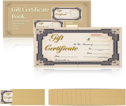 50 Sets Gift Certificate Book 8 x 3.6 Inch Vintage 2 Part Carbonless Duplicate with Kraft Envelopes and Serial Numbers for Small Business Salon Spa Retail Restaurant Office (Blue,1) in Saudi Arabia
