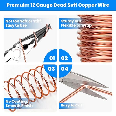 سلك نحاسي عاري صلب 12 مقياس 99.99%، 70 قدمًا قوي ومرن ناعم ميت، بكرة 1.32 رطل سلك نحاسي نقي لصنع المجوهرات، البستنة الكهربائية، طلاء المسحوق.. سهل الانحناء والقطع in Kuwait