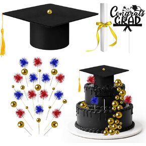 32PCS Graduation Cake Decorations Kit for Class of 2026 Felt Tassel Cap, Firework Cupcake Toppers, Diploma, Balls, Blue Theme Graduation Party Supplies for Grads(Blue) in Kuwait